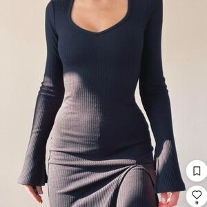 AYM Studio Sweater Bodycon Ribbed Long Sleeve V Neck Cotton Blend Mini Dress XS